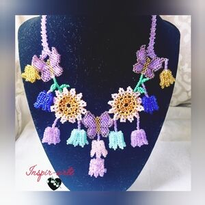 Floral Beaded Necklace with Purple and Green Accents